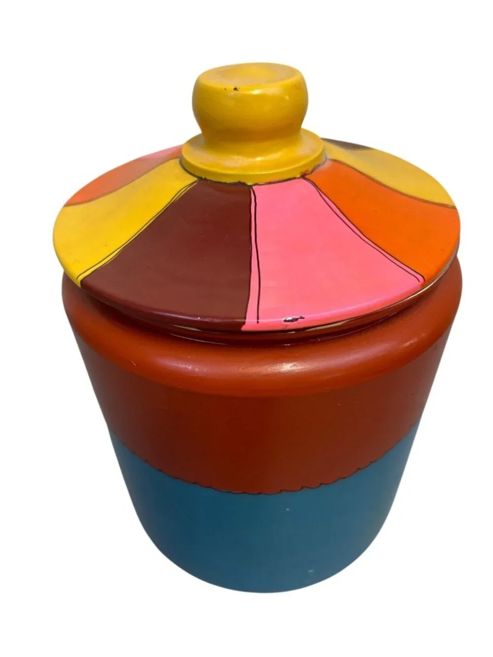 Vintage Hand Painted Ceramic Cookie Jar Whimsical Boy Folk Art Kitchen Canister